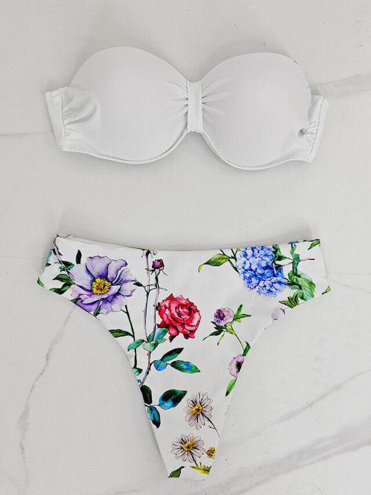 Set Bikini Push Up Șir Floral Alb