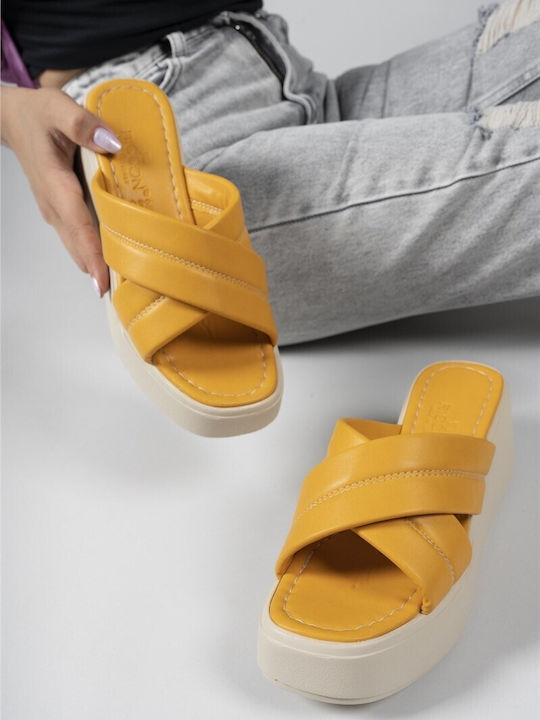 Women's Leather Platform Wedge Sandals Yellow