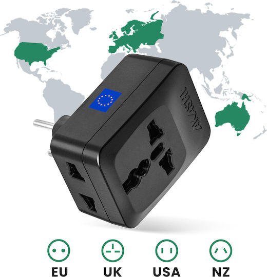 Akashi Travel Adapter Type C Plug Europe China Brazil 3 Outlets Black