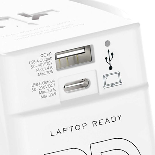 Skross Muv Универсален Пътнически Адаптер Usb-a Usb-c Power Delivery 30w Портове Бял