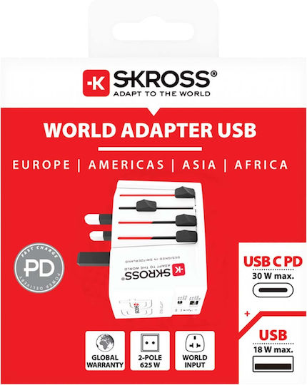 Skross Muv Универсален Пътнически Адаптер Usb-a Usb-c Power Delivery 30w Портове Бял