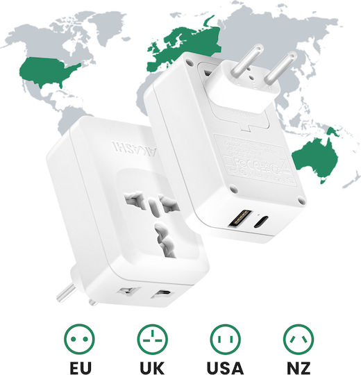 Akashi Reiseadapter Europa Brasilien Korea USB USB C 15W Weiß