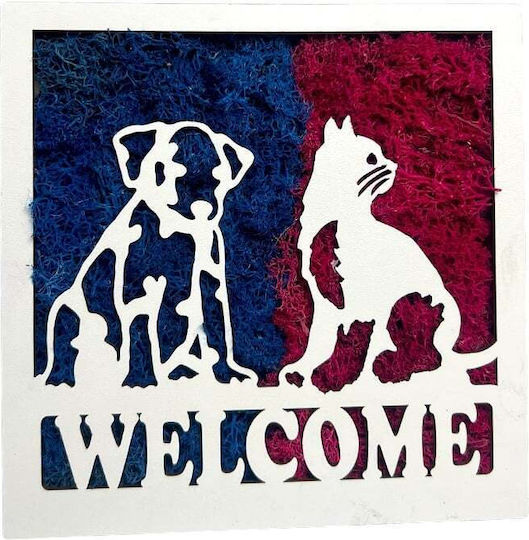 Decorative Welcome Painting Stabilized Moss Animal Silhouettes 20x20 Cm Blue – Fuchsia
