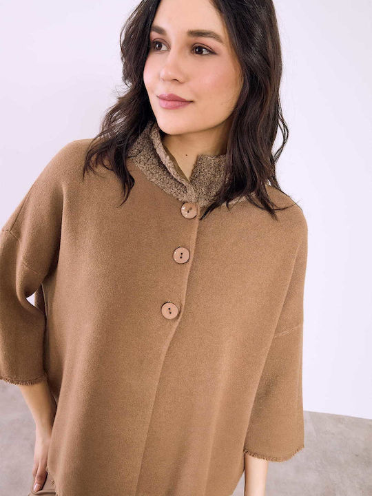 Celestino Women's Bouclé Cardigan Collar Loose Fit Brown