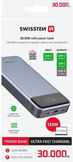 Swissten Laptop Power Bank 30000mAh 133W with USB-A Port and 2 USB-C Power Delivery Ports Gray