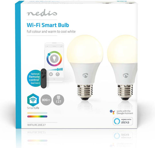 Nedis Комплект 2 Свързани Крушки Wi-fi Led RGB 9W 806lm E27 От Пластмаса Бял