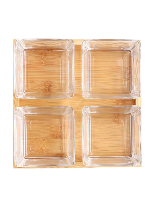 Cheffinger Set 4 Glass Bowls Natural Bamboo Base Solid Practical Sienna