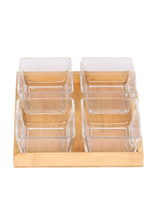 Cheffinger Set 4 Glass Bowls Natural Bamboo Base Solid Practical Sienna