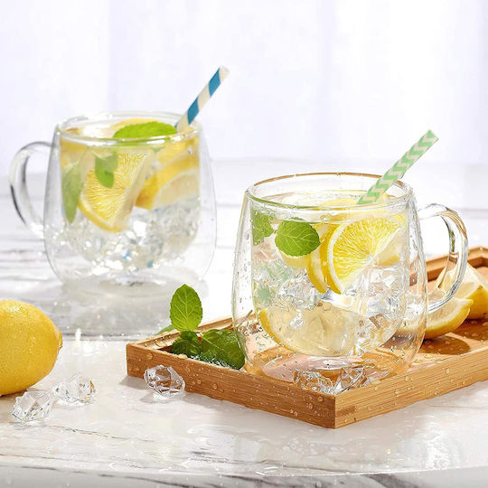 Cheffinger Set 2 Glasses Handle Double Wall 250ml In Borosilicate Glass Sienna