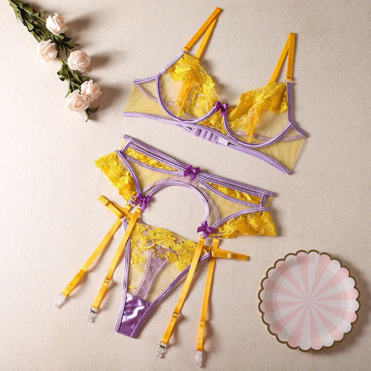 Romantic Floral Embroidered Set Yellow