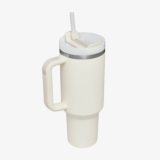 Stanley Quencher H2.0 FlowState Becher mit Griff Θερμός Rostfreier Stahl BPA-frei 1,18 l Beige mit Stroh und Handgriff