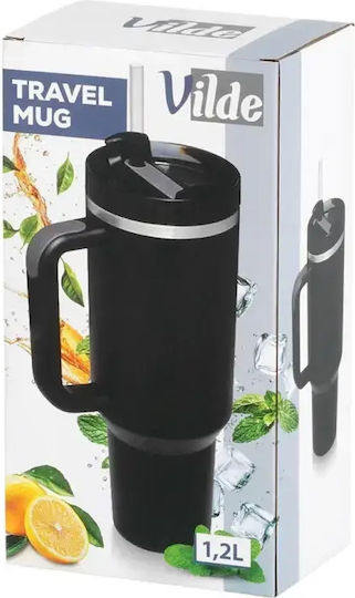 Vilde Handled Tumbler Θερμός Ανοξείδωτο 1.2lt Μαύρο με Καλαμάκι και Λαβή