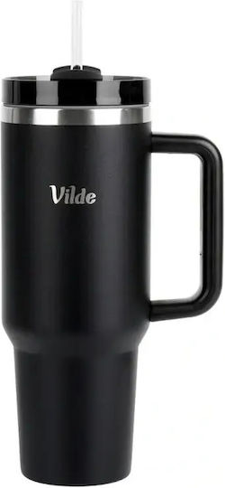 Vilde Handled Tumbler Θερμός Ανοξείδωτο 1.2lt Μαύρο με Καλαμάκι και Λαβή