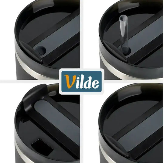 Vilde Handled Tumbler Θερμός Ανοξείδωτο 1.2lt Μαύρο με Καλαμάκι και Λαβή