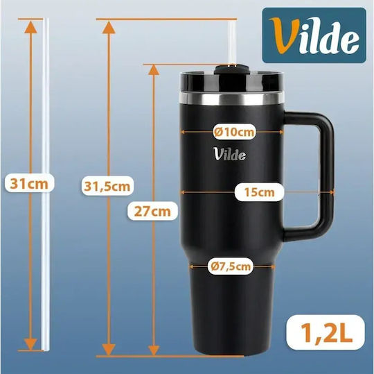 Vilde Handled Tumbler Θερμός Ανοξείδωτο 1.2lt Μαύρο με Καλαμάκι και Λαβή