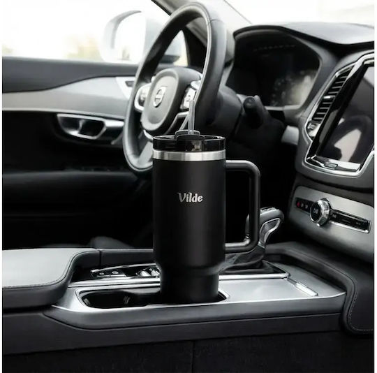 Vilde Handled Tumbler Θερμός Ανοξείδωτο 1.2lt Μαύρο με Καλαμάκι και Λαβή