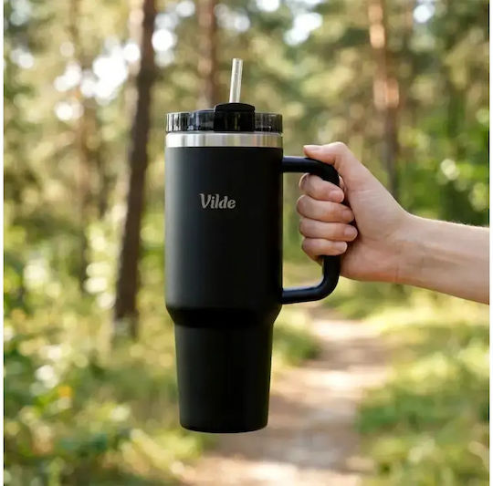 Vilde Handled Tumbler Θερμός Ανοξείδωτο 1.2lt Μαύρο με Καλαμάκι και Λαβή