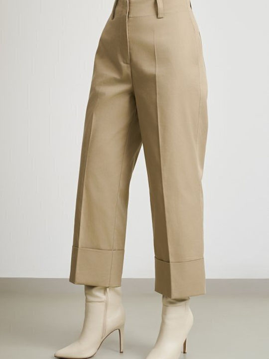 Women's High Waist Fabric Trousers in Relaxed Fit Beige