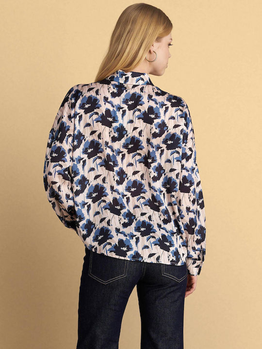 Women's Satin Floral Long Sleeve Shirt Blue