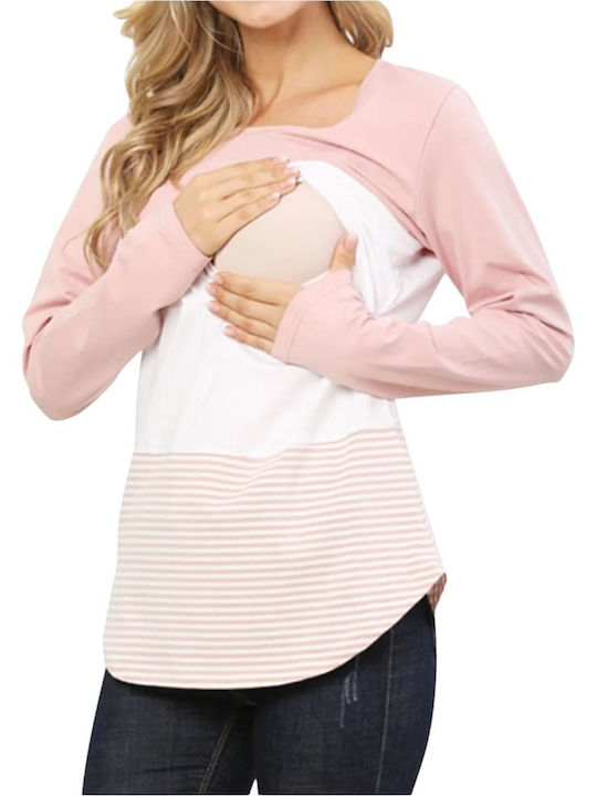 Pink-White Striped Long Sleeve Cotton Maternity Nursing Top Queen Mother Casual Regular Fit