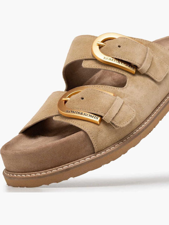 Δερμάτινα Γυναικεία Σανδάλια Flatforms Μπεζ