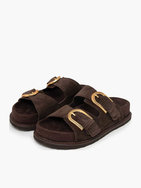 Δερμάτινα Γυναικεία Σανδάλια Flatforms Καφέ