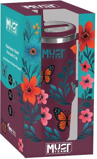 Must Team Ποτήρι Θερμός Ανοξείδωτο 1.2lt Floral με Καλαμάκι