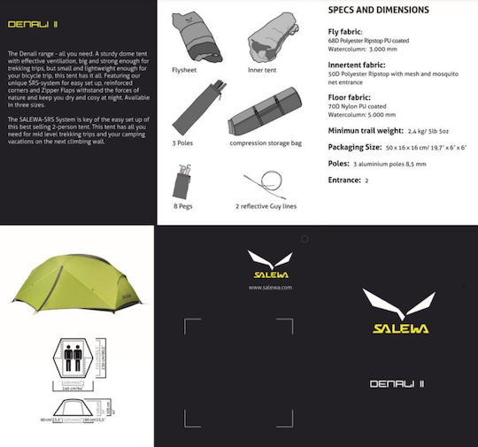 Salewa Denali Ii Σκηνή Camping Igloo Ορειβασίας Πράσινη με Διπλό Πανί 4 Εποχών για 2 Άτομα Αδιάβροχη 3000mm 210x120x100εκ.