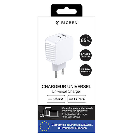 BigBen Connected Φορτιστής Χωρίς Καλώδιο GaN με Θύρα USB-A και Θύρα USB-C 65W Power Delivery Λευκός