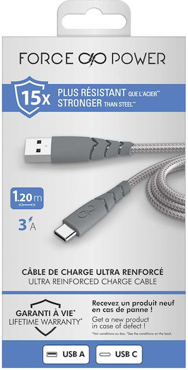 Force Power Ultra-Reinforced USB-A USB-C Cable 1.2m 3A Gray