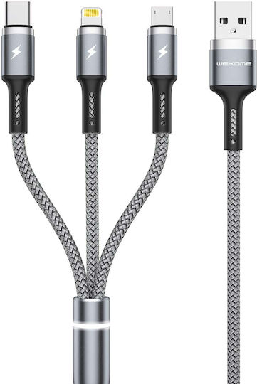 WK Series Braided Cablu USB la Lightning / Type-C / micro USB cu mai multe porturi 2.4A Gri 1.2m (WK-WDC-119_SILVER)