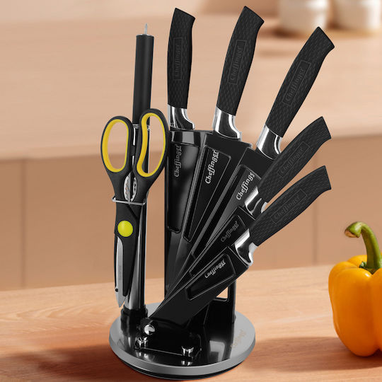 Cheffinger Set Cuțite 7 Piese Ușor Rezistent la Coroziune Suport Negru Argintiu