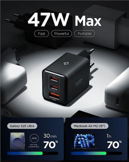 Spigen Ladegerät ohne Kabel GaN mit USB-A Anschluss und 2 USB-C Anschlüsse 47W Stromlieferung Schwarzs (Essential)