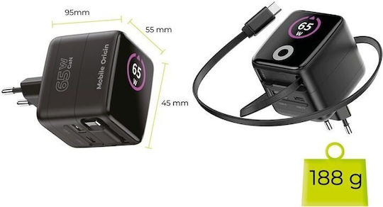 Mobile Origin Wireless Charger GaN With USB-A Output Port And USB-C Output Port 65W Quick Charge 2.0 / Quick Charge 3.0 Black PW3