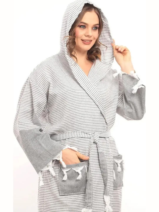 Διάλεξε Unisex Μπουρνούζι Κουκούλα Γκρι Ριγέ 100% Βαμβακερό S M