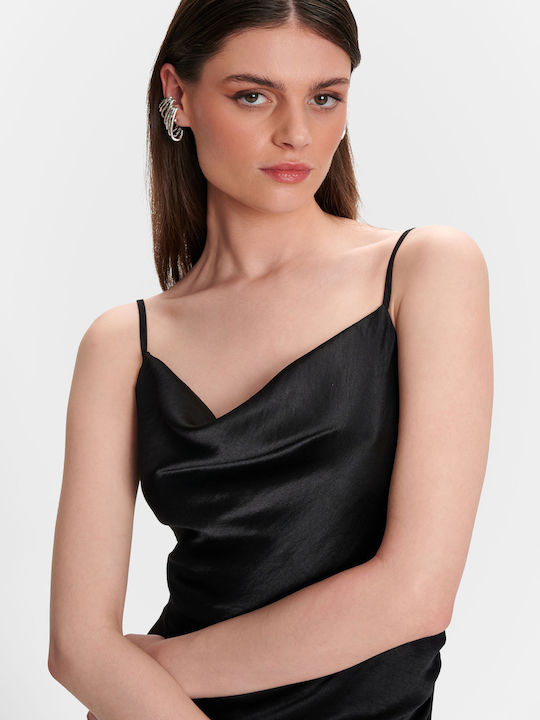 Summer Maxi Evening Satin Slip Dress with Lace Black