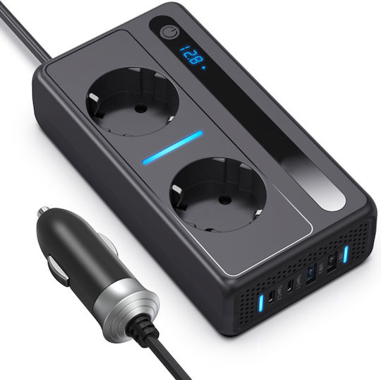 Invertoare De Putere Auto 12/24 V Tensiune De Ieșire 220v Putere 200w 2 Prize Eu 2 Porturi Usb 2 Porturi Type-c Afișaj Digital Protecție La Temperatură Conectat La Bricheta Negru