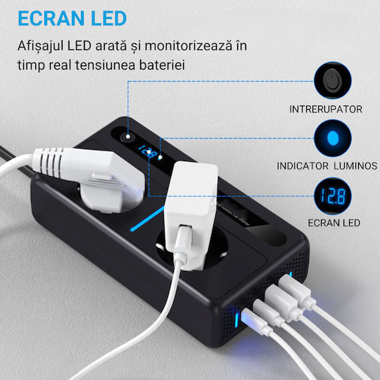 Invertor De Putere Auto 12/24 V Tensiune De Ieșire 220v Putere 300w 2 Prize Eu 2 Porturi Usb Qc3.0 2 Porturi Type-c 30w Încărcare Rapidă Afișaj Digital Conexiune Bricheta Protecție La Temperatură Negru