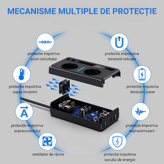 Invertor De Putere Auto 12/24 V Tensiune De Ieșire 220v Putere 300w 2 Prize Eu 2 Porturi Usb Qc3.0 2 Porturi Type-c 30w Încărcare Rapidă Afișaj Digital Conexiune Bricheta Protecție La Temperatură Negru