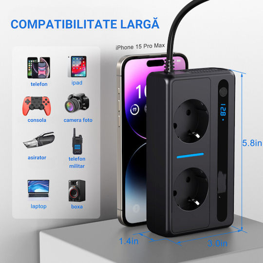 Invertor De Putere Auto 12/24 V Tensiune De Ieșire 220v Putere 300w 2 Prize Eu 2 Porturi Usb Qc3.0 2 Porturi Type-c 30w Încărcare Rapidă Afișaj Digital Conexiune Bricheta Protecție La Temperatură Negru