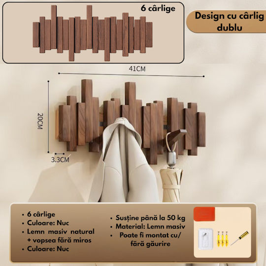 Agățătoare De Perete Din Lemn Cu 6 Compartimente Maro 41x20cm