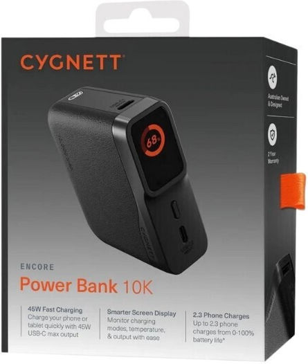 Cygnett Encore Power Bank 10000mAh 45W with USB-A Port and 2 USB-C Ports Black