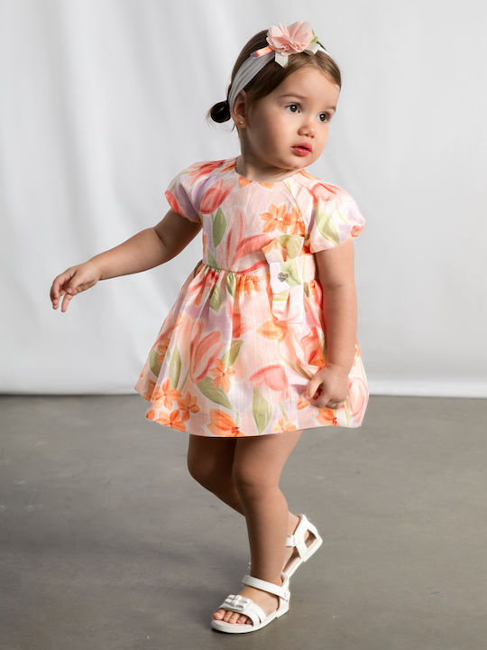 Mädchenkleid Kurzärmelig Leinen Blumen Set aus 2 mit Zubehör Rosa Sanft