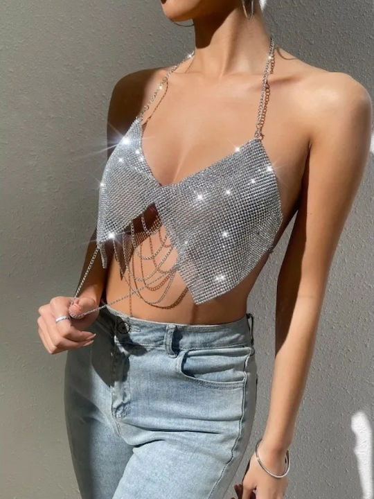 Γυναικείο Crop Top Αμάνικο με Δέσιμο στο Λαιμό Ασημί