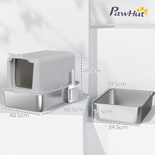 Pawhut Cat Toilet Stainless Steel Litter Box Filter Scoop Cats Up to 6 Kg 40.5 x 60.5 x 41.5 cm Gray Silver