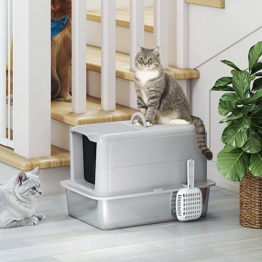 Pawhut Cat Toilet Stainless Steel Litter Box Filter Scoop Cats Up to 6 Kg 40.5 x 60.5 x 41.5 cm Gray Silver