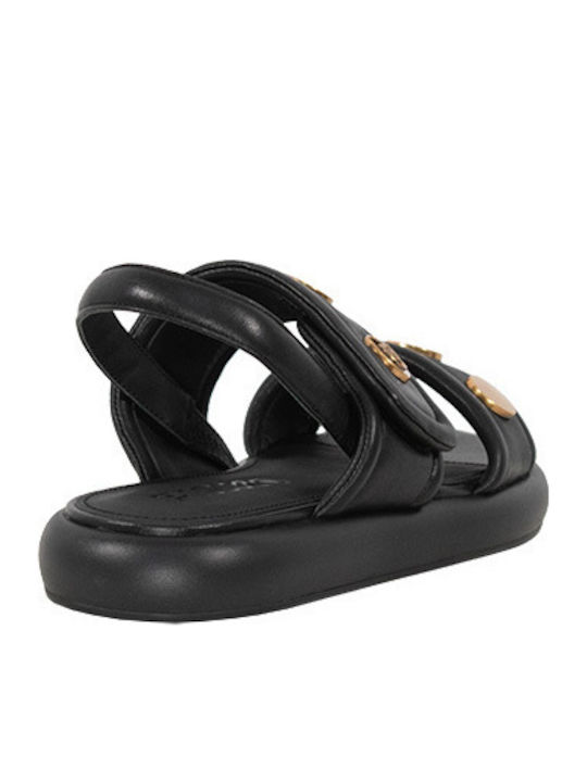 Leather Women's Flat Sandals in Black Color