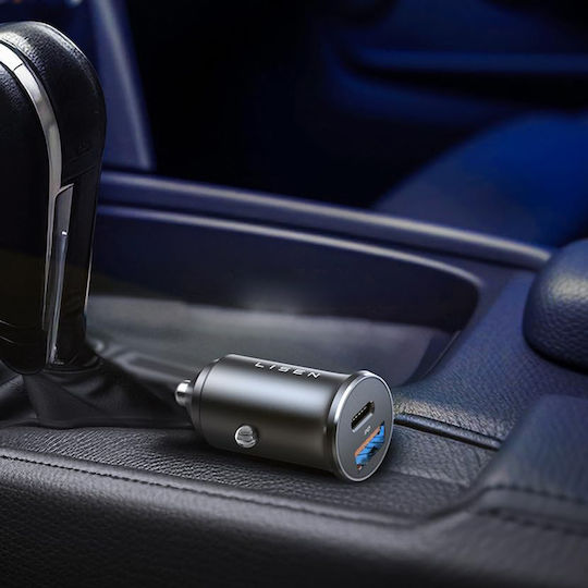 Lisen Auto-Ladegerät 65W Schnellladung mit Anschlüssen: 1xUSB 1xType-C mit Kabel Typ-C,TC-TC Silber Farbe