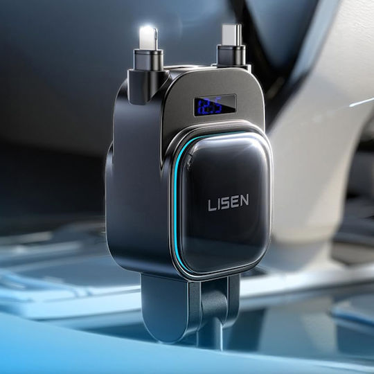Lisen Автомобилен Заряден Устройство 96W с Портове 1xUSB-A 1xType-C с Type-C / Lightning Кабел Черен Цвят