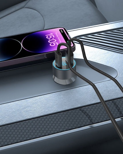 ATC Car Charger 42.5W 5A Fast Charging with Ports 1xUSB 1xType-C with Embedded Type-C Cable Grey Colour